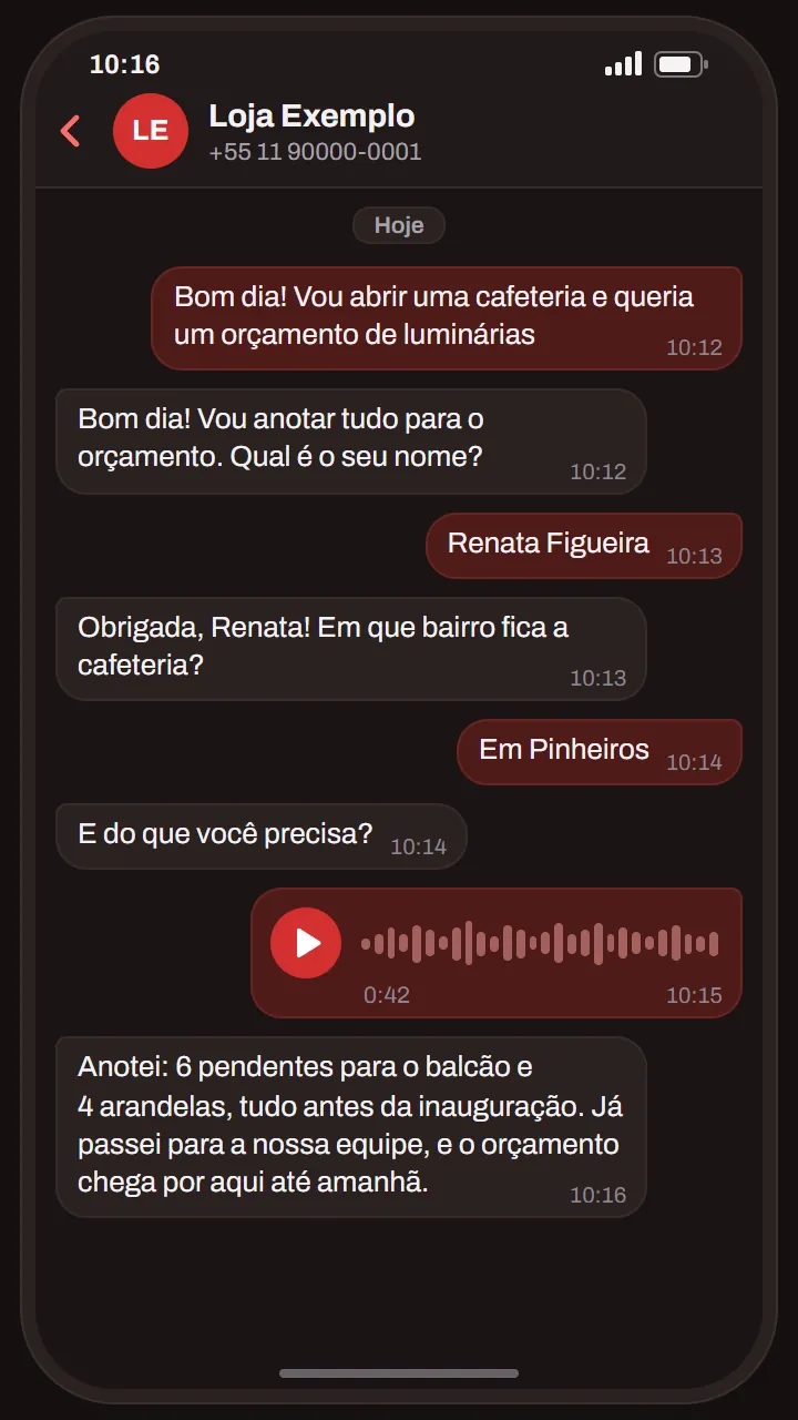 Conversa de exemplo: o agente coleta os dados para um orçamento