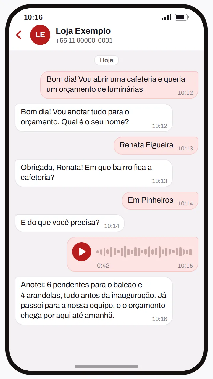 Conversa de exemplo: o agente coleta os dados para um orçamento