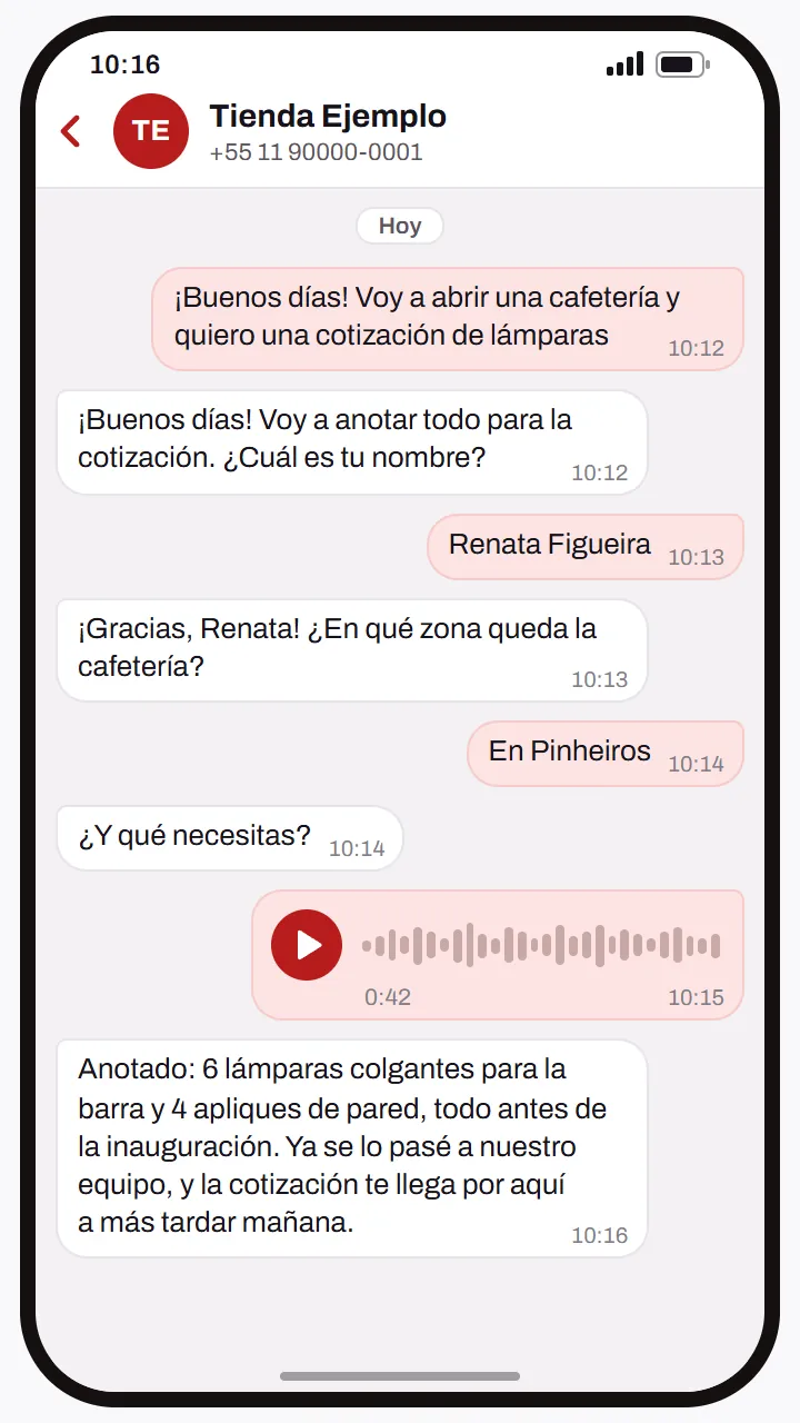 Conversación de ejemplo: el agente recopila los datos para una cotización