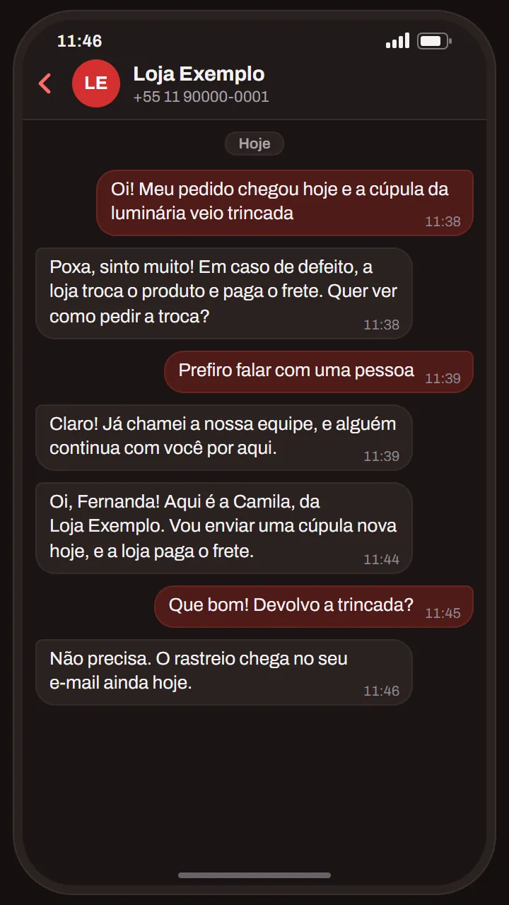 Conversa de exemplo: o agente passa a conversa para uma pessoa