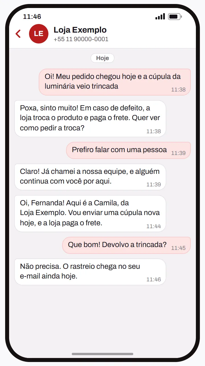 Conversa de exemplo: o agente passa a conversa para uma pessoa