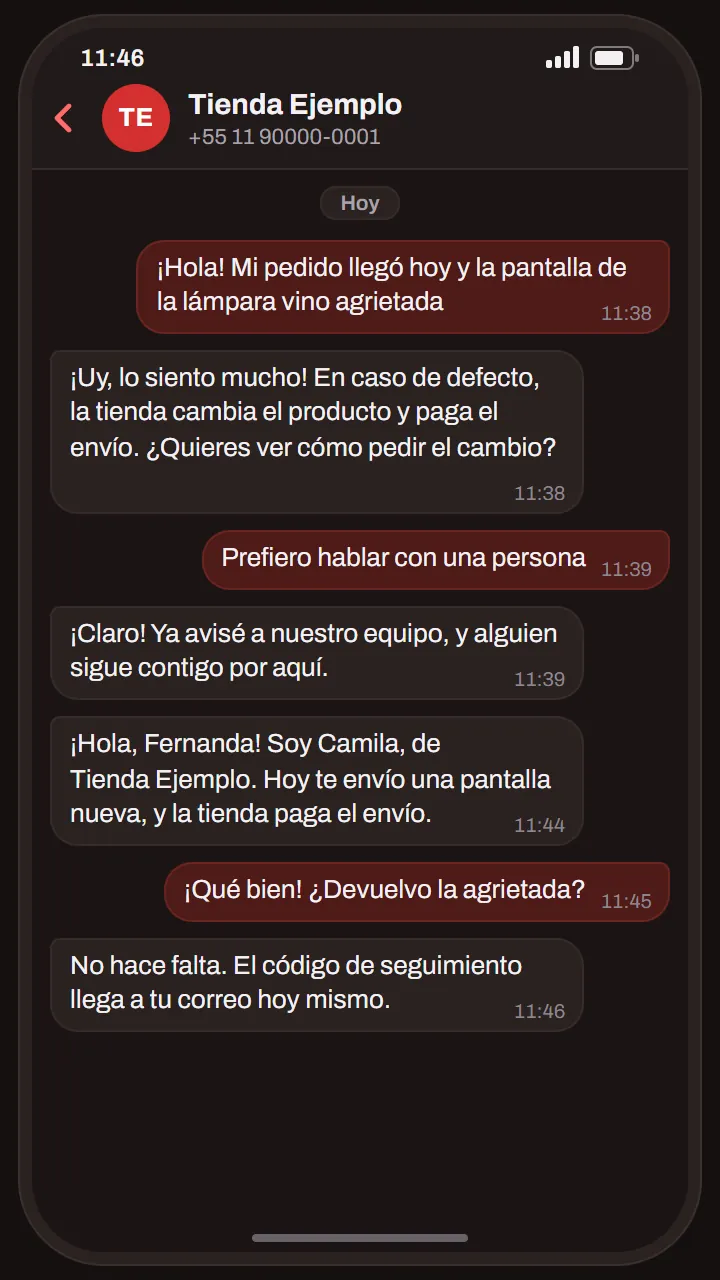 Conversación de ejemplo: el agente pasa la conversación a una persona