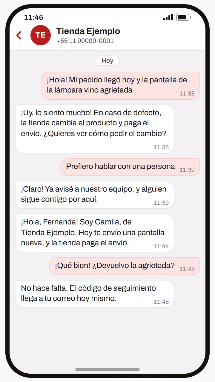 Conversación de ejemplo: el agente pasa la conversación a una persona