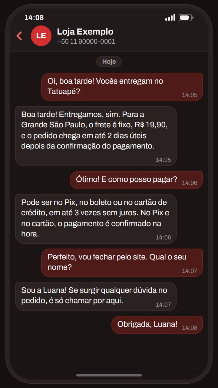 Conversa de exemplo: o agente responde uma dúvida sobre entrega e pagamento