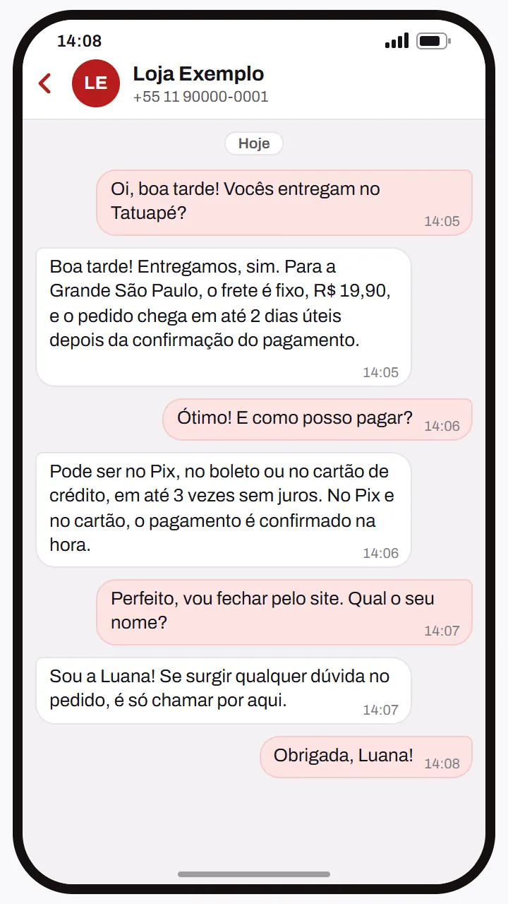 Conversa de exemplo: o agente responde uma dúvida sobre entrega e pagamento