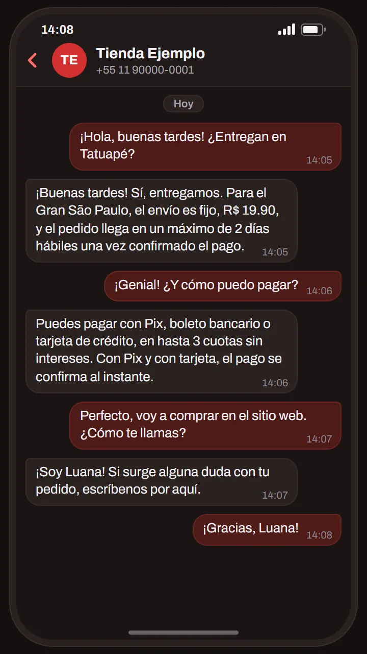 Conversación de ejemplo: el agente responde una duda sobre entrega y pago