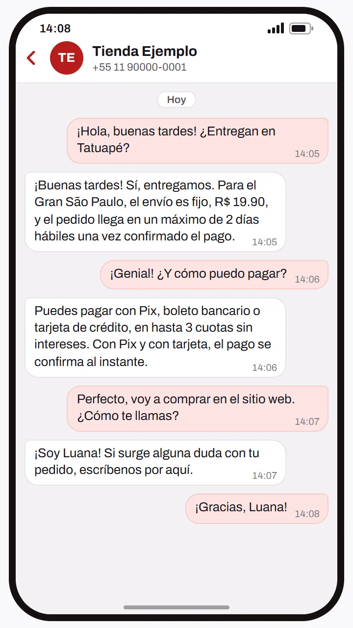 Conversación de ejemplo: el agente responde una duda sobre entrega y pago