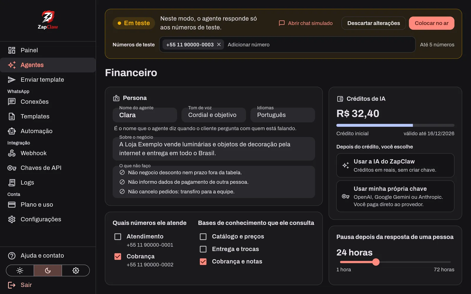 Tela de configuração do agente em modo de teste, com os números de teste e o botão Colocar no ar