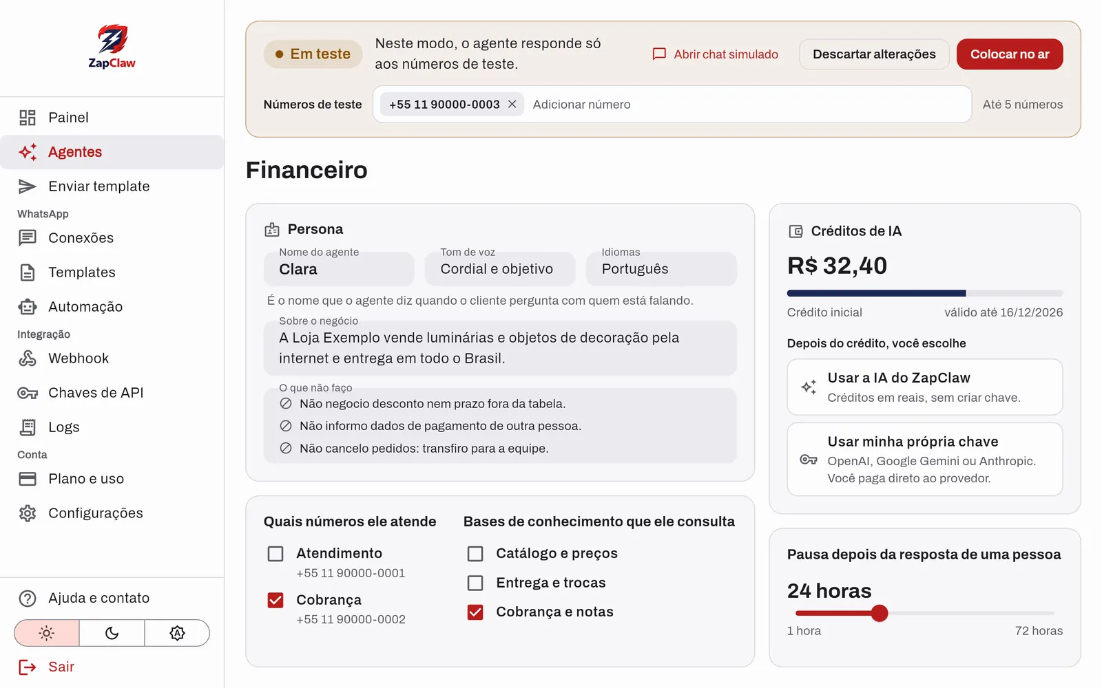 Tela de configuração do agente em modo de teste, com os números de teste e o botão Colocar no ar