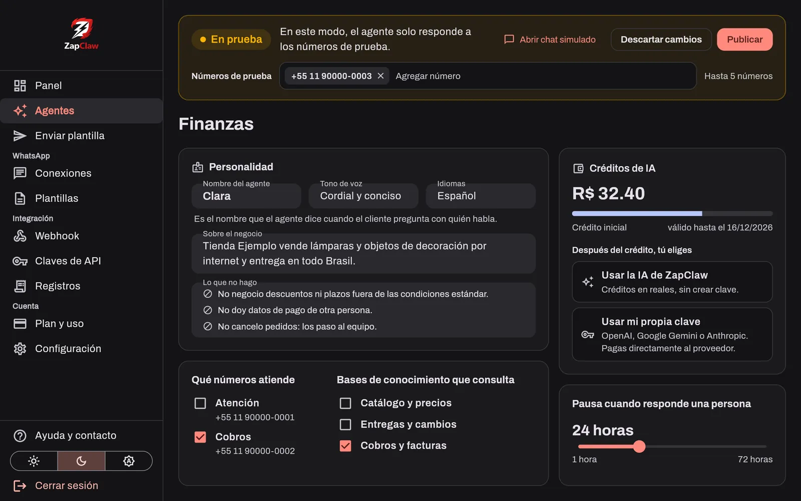 Pantalla de configuración del agente en modo de prueba, con los números de prueba y el botón Publicar