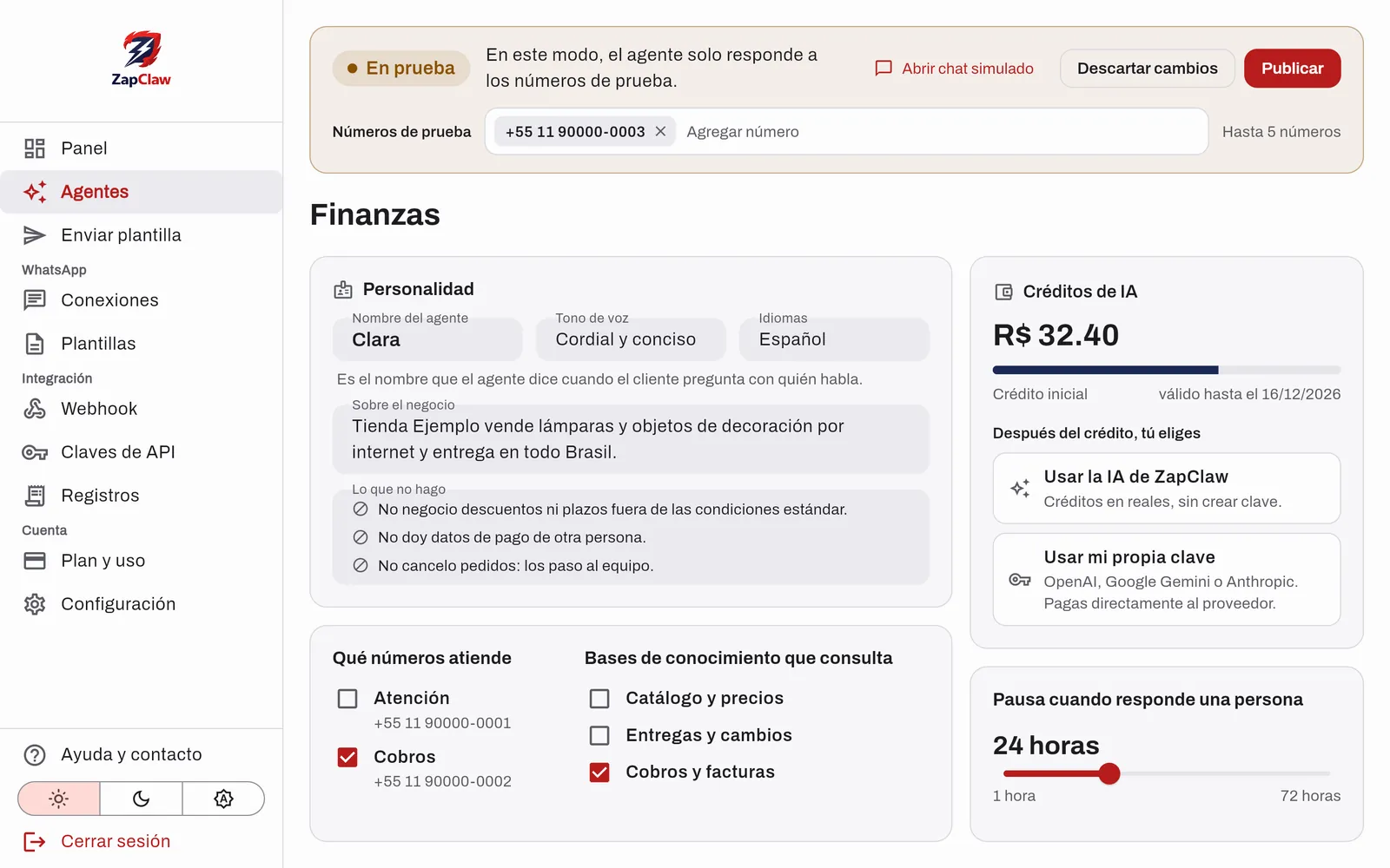 Pantalla de configuración del agente en modo de prueba, con los números de prueba y el botón Publicar
