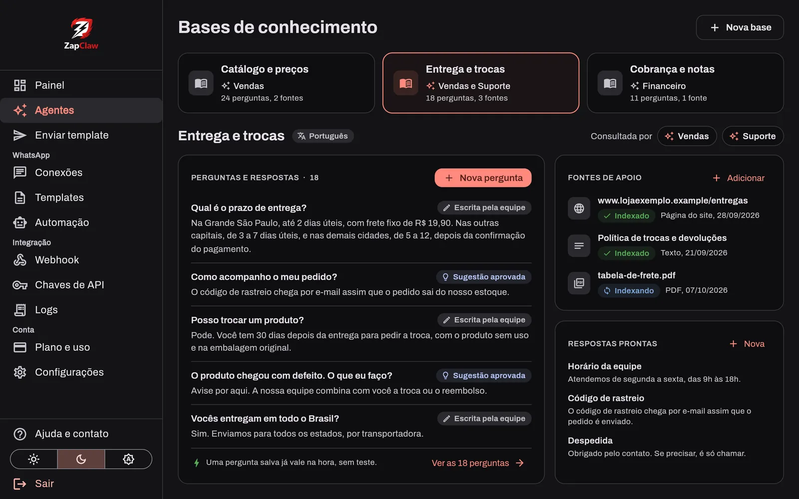 Base de conhecimento com pares de pergunta e resposta e fontes de apoio