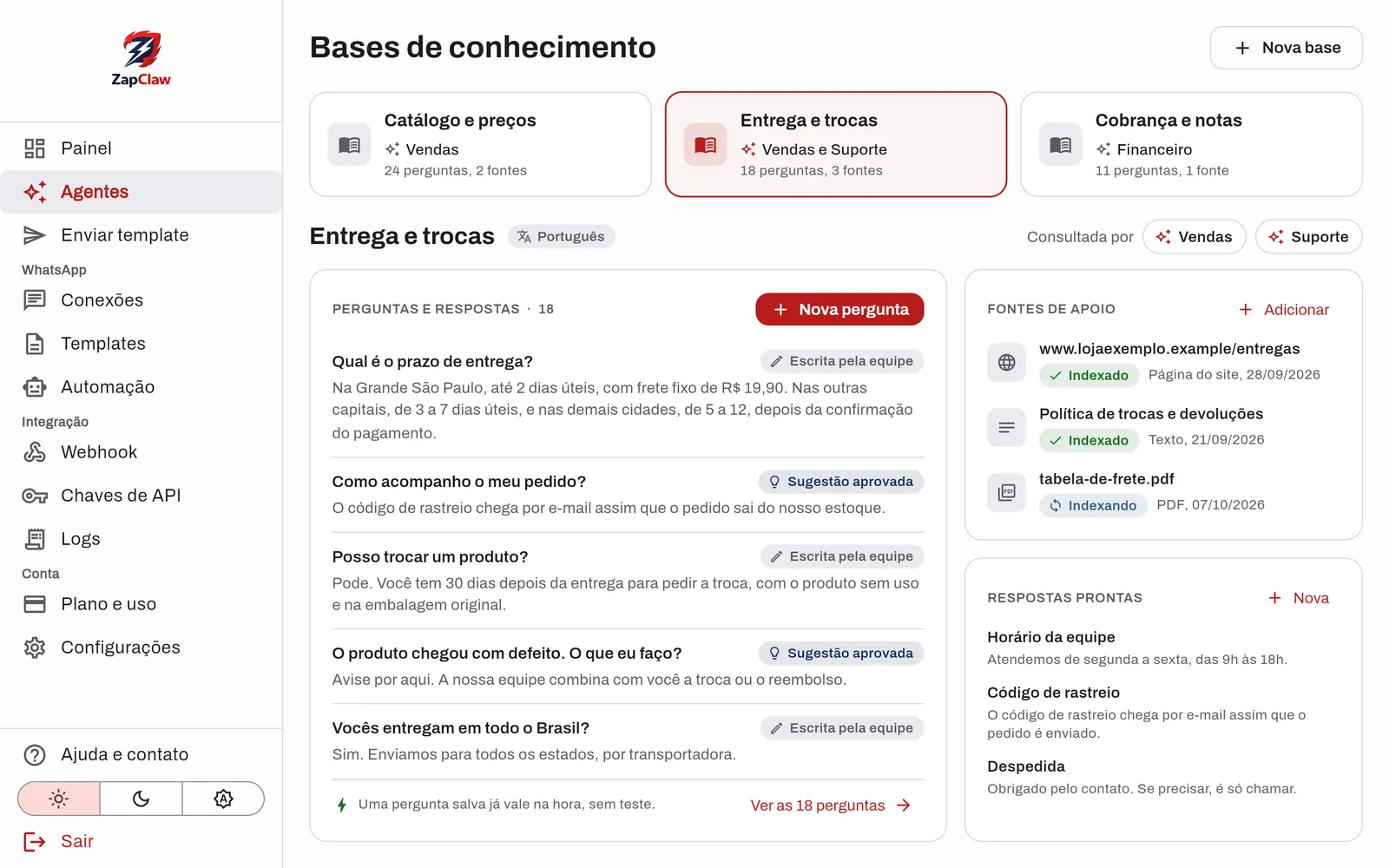 Base de conhecimento com pares de pergunta e resposta e fontes de apoio