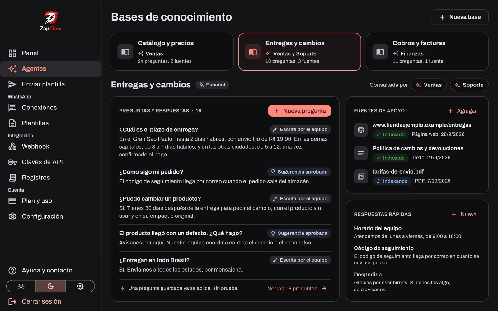 Base de conocimiento con pares de pregunta y respuesta y fuentes de apoyo