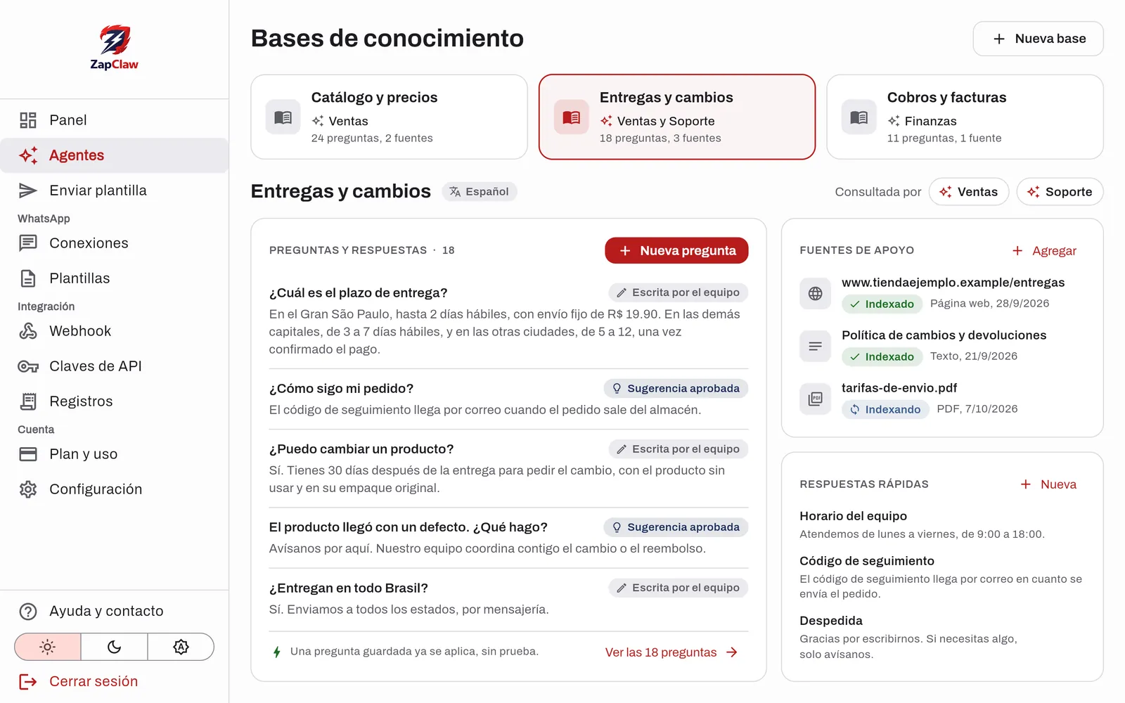 Base de conocimiento con pares de pregunta y respuesta y fuentes de apoyo