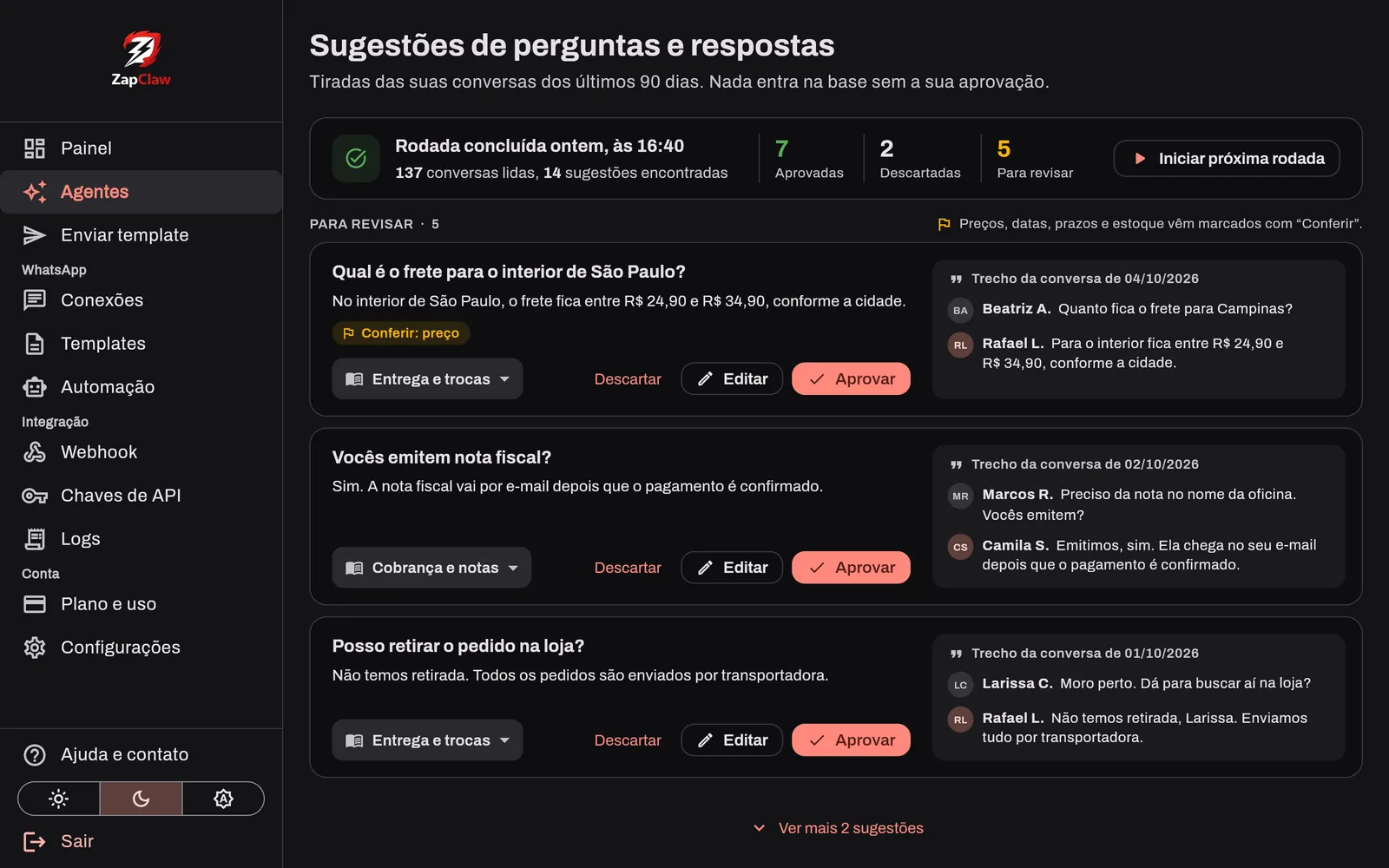 Revisão das perguntas e respostas sugeridas a partir das conversas