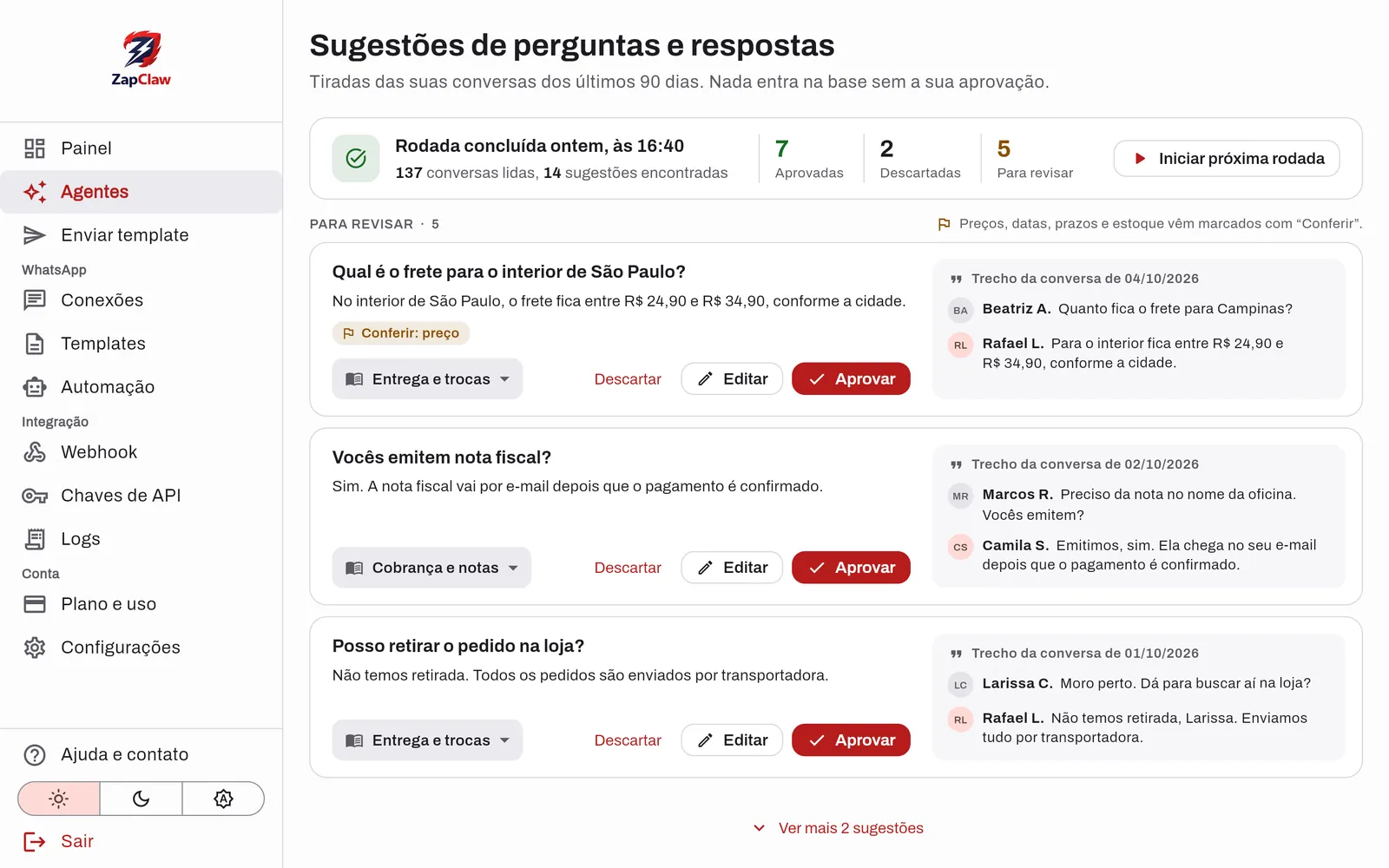 Revisão das perguntas e respostas sugeridas a partir das conversas