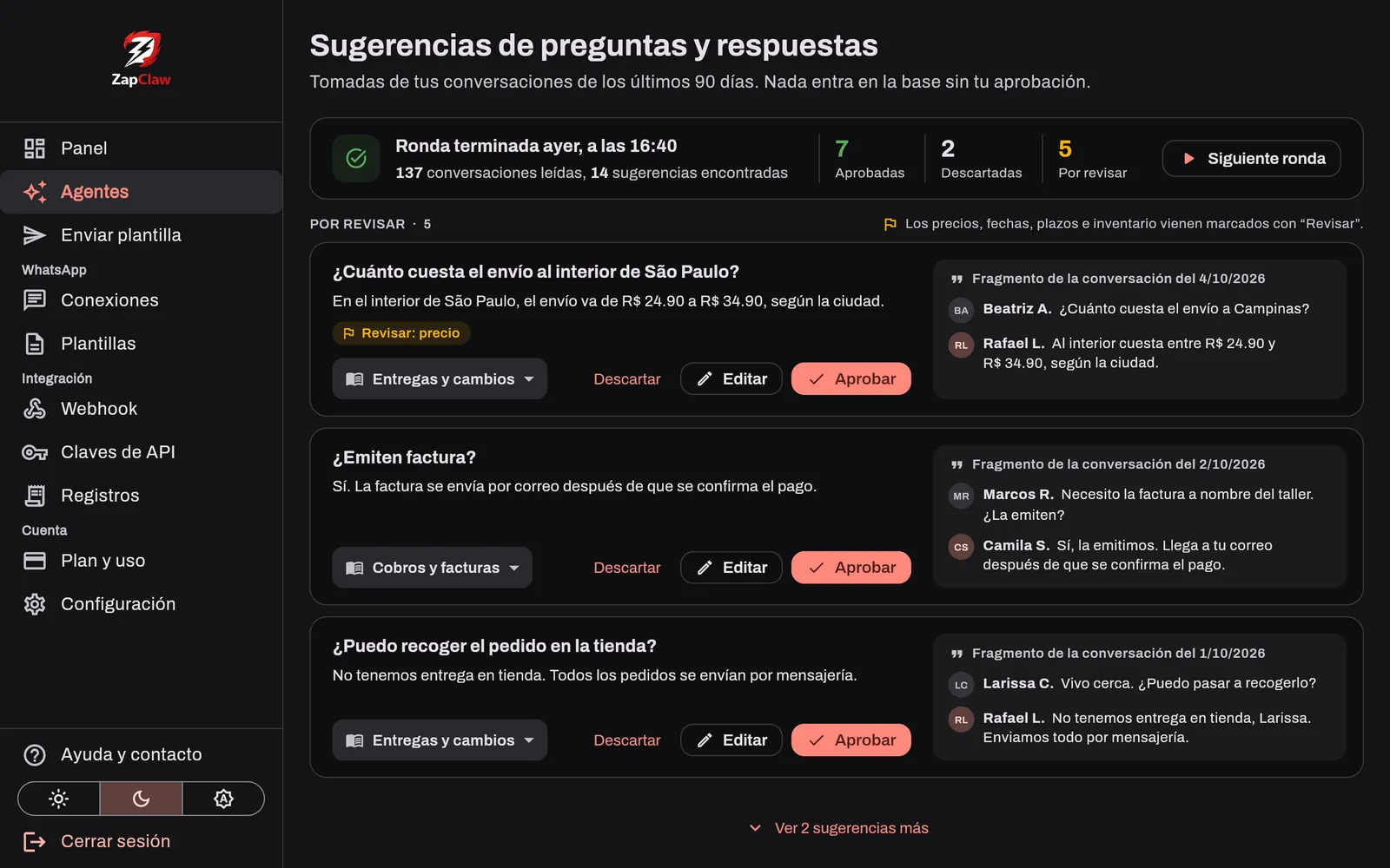 Revisión de preguntas y respuestas sugeridas a partir de conversaciones anteriores