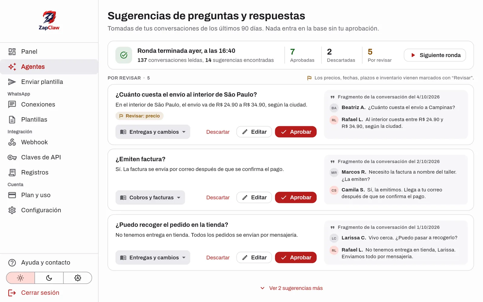 Revisión de preguntas y respuestas sugeridas a partir de conversaciones anteriores