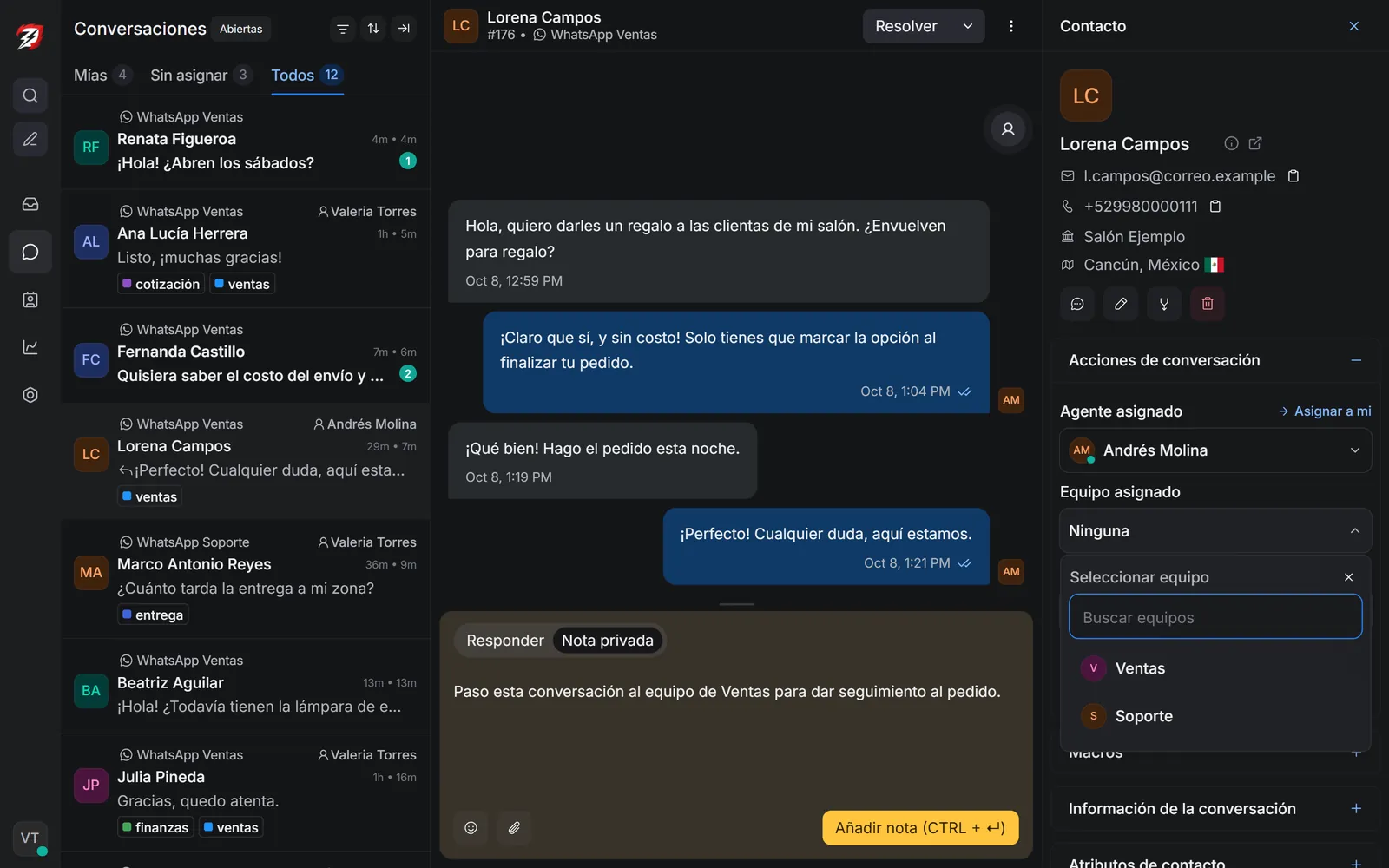 Menú que asigna una conversación a un asesor y a un equipo