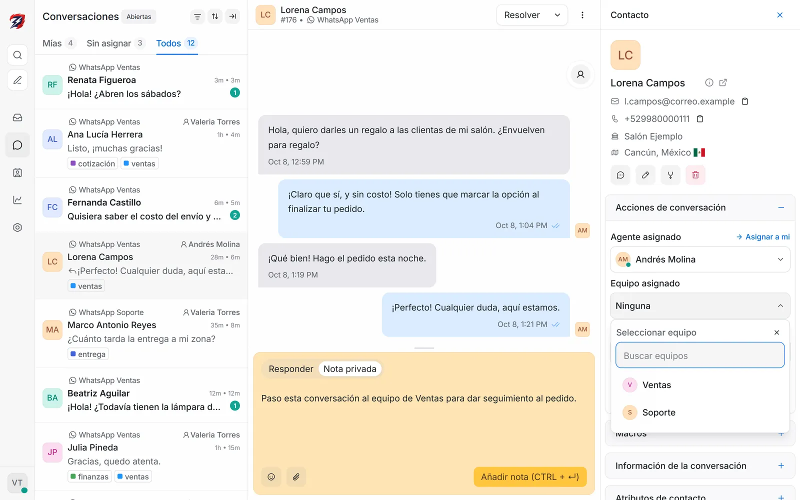 Menú que asigna una conversación a un asesor y a un equipo