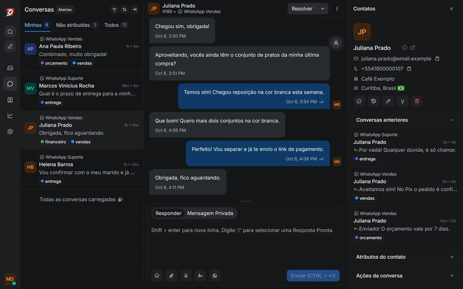Contact details and previous conversations beside the open conversation