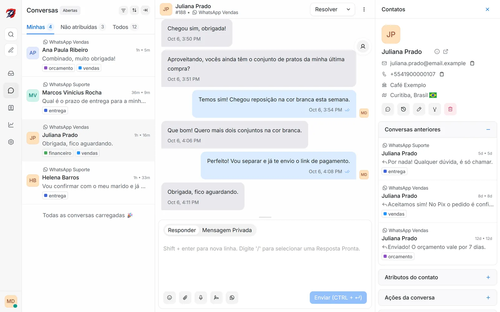 Contact details and previous conversations beside the open conversation