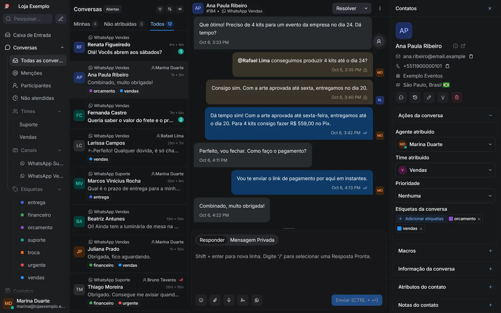 ZapClaw Inbox with the conversation list, an open conversation and the contact panel