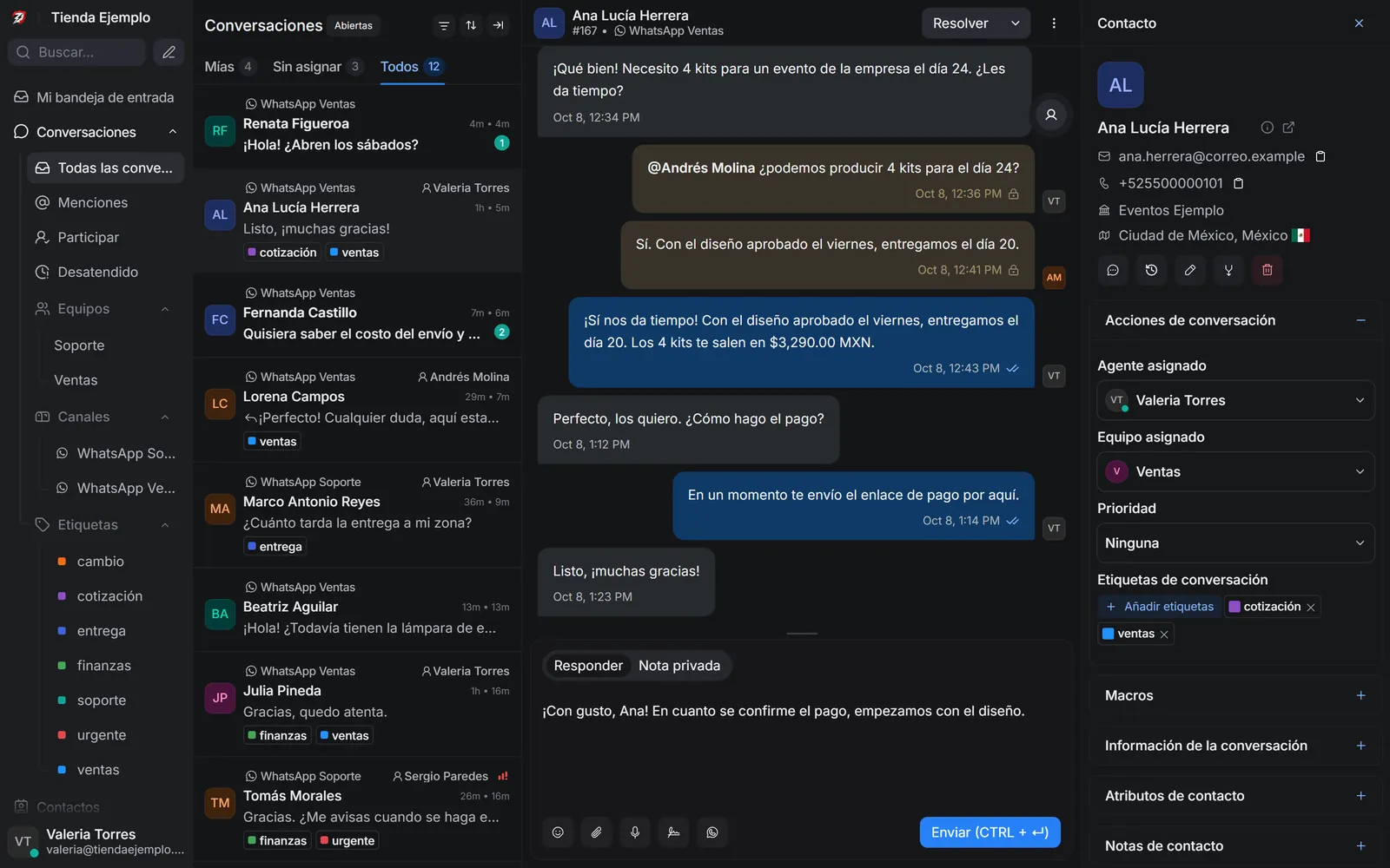 ZapClaw Inbox con la lista de conversaciones, una conversación abierta y el panel del contacto
