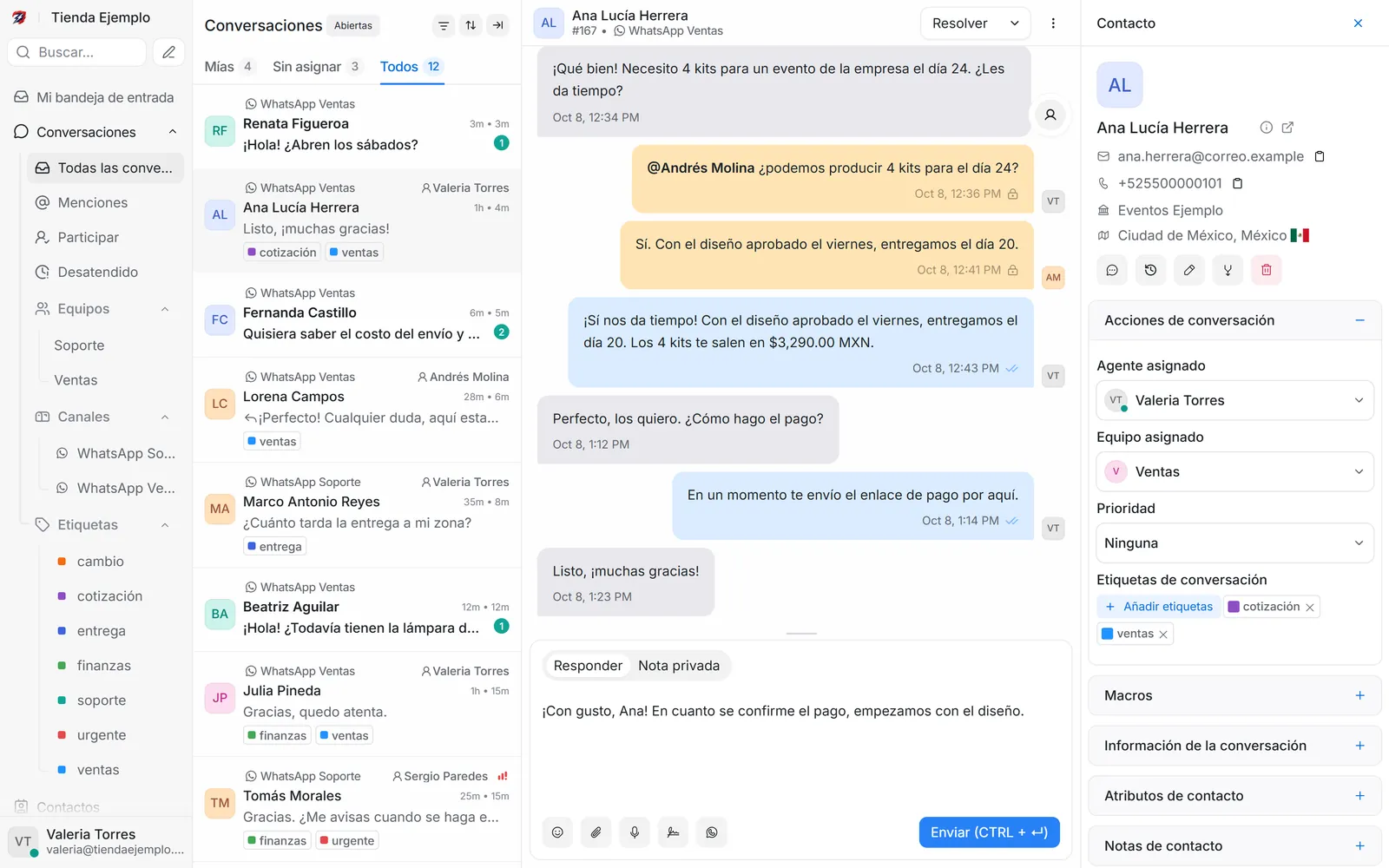 ZapClaw Inbox con la lista de conversaciones, una conversación abierta y el panel del contacto