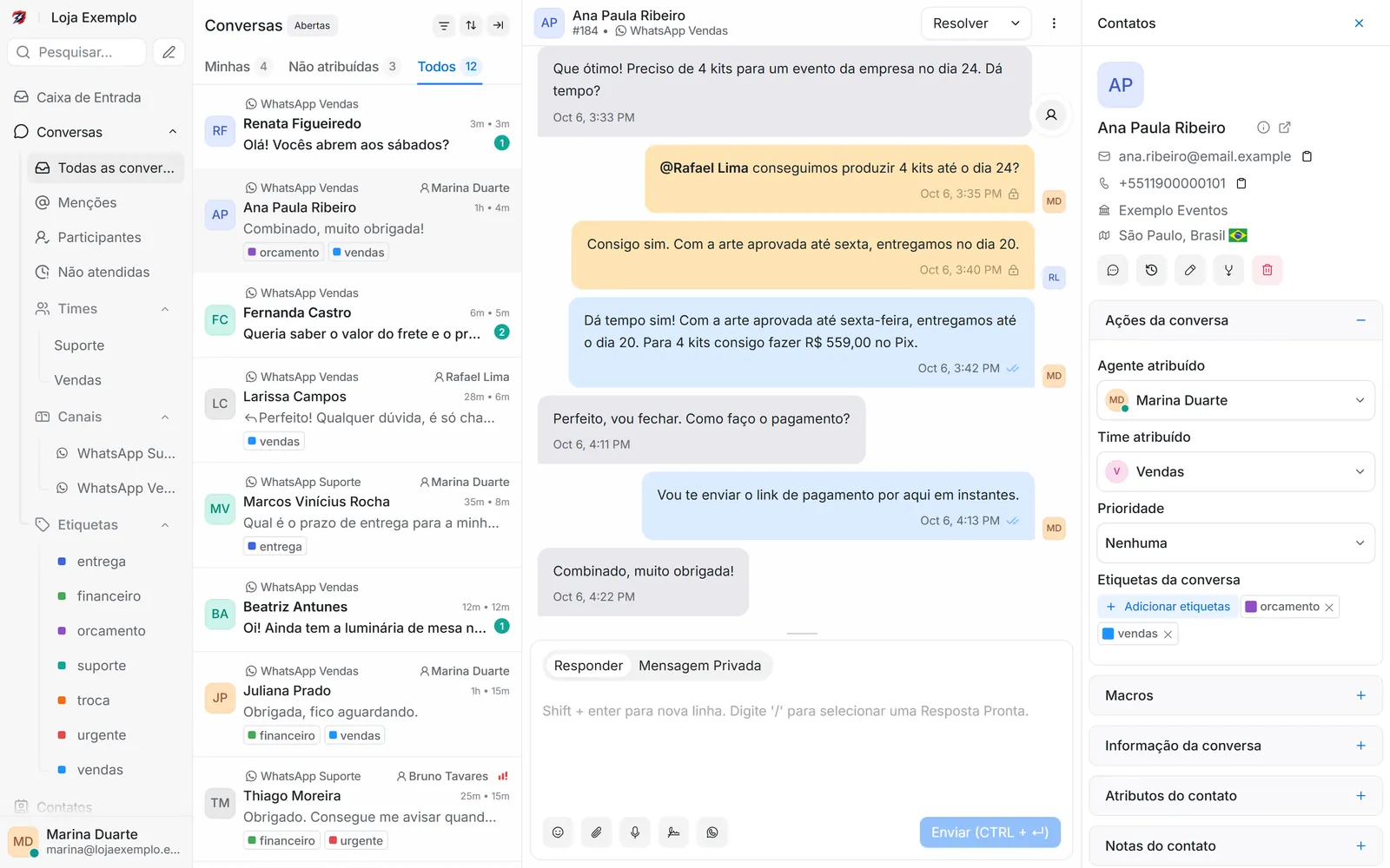 ZapClaw Inbox with the conversation list, an open conversation and the contact panel