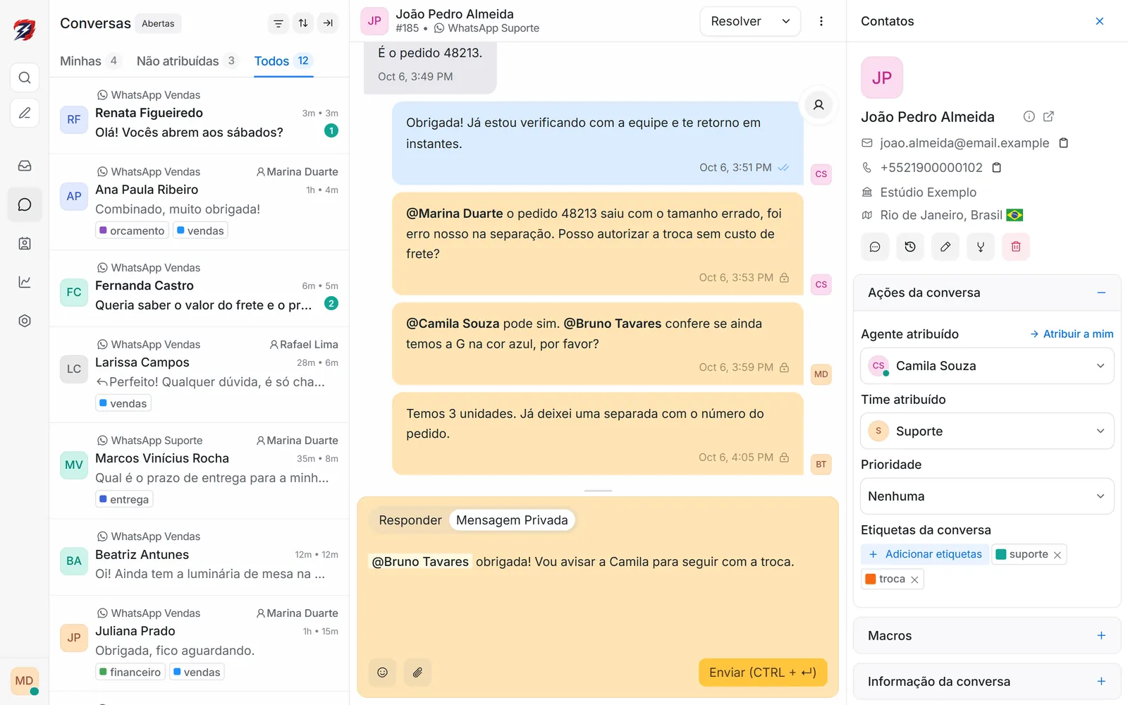 Internal note that mentions a colleague inside a conversation