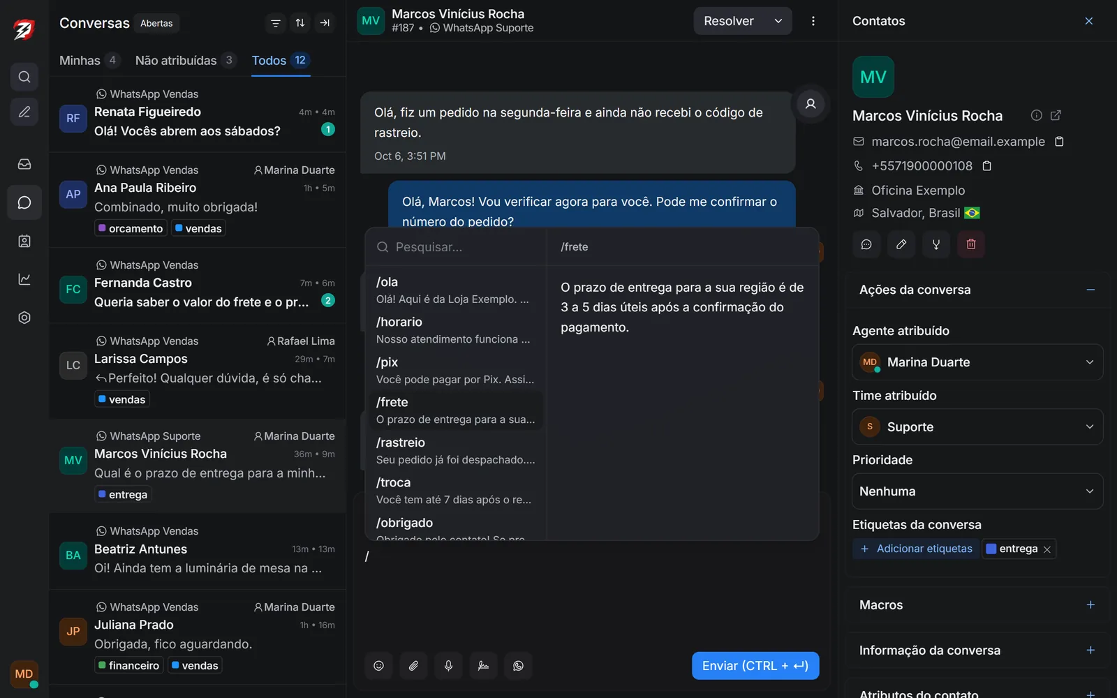 Canned response picked by shortcut, and labels on a conversation