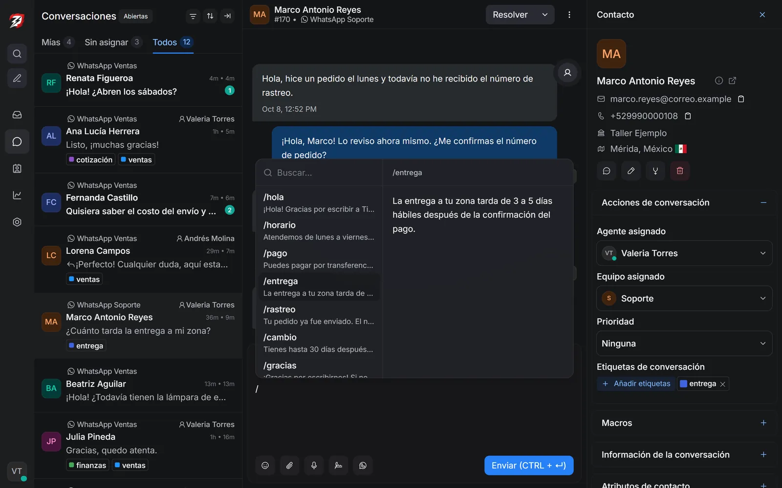 Respuesta rápida elegida con un atajo y etiquetas en una conversación