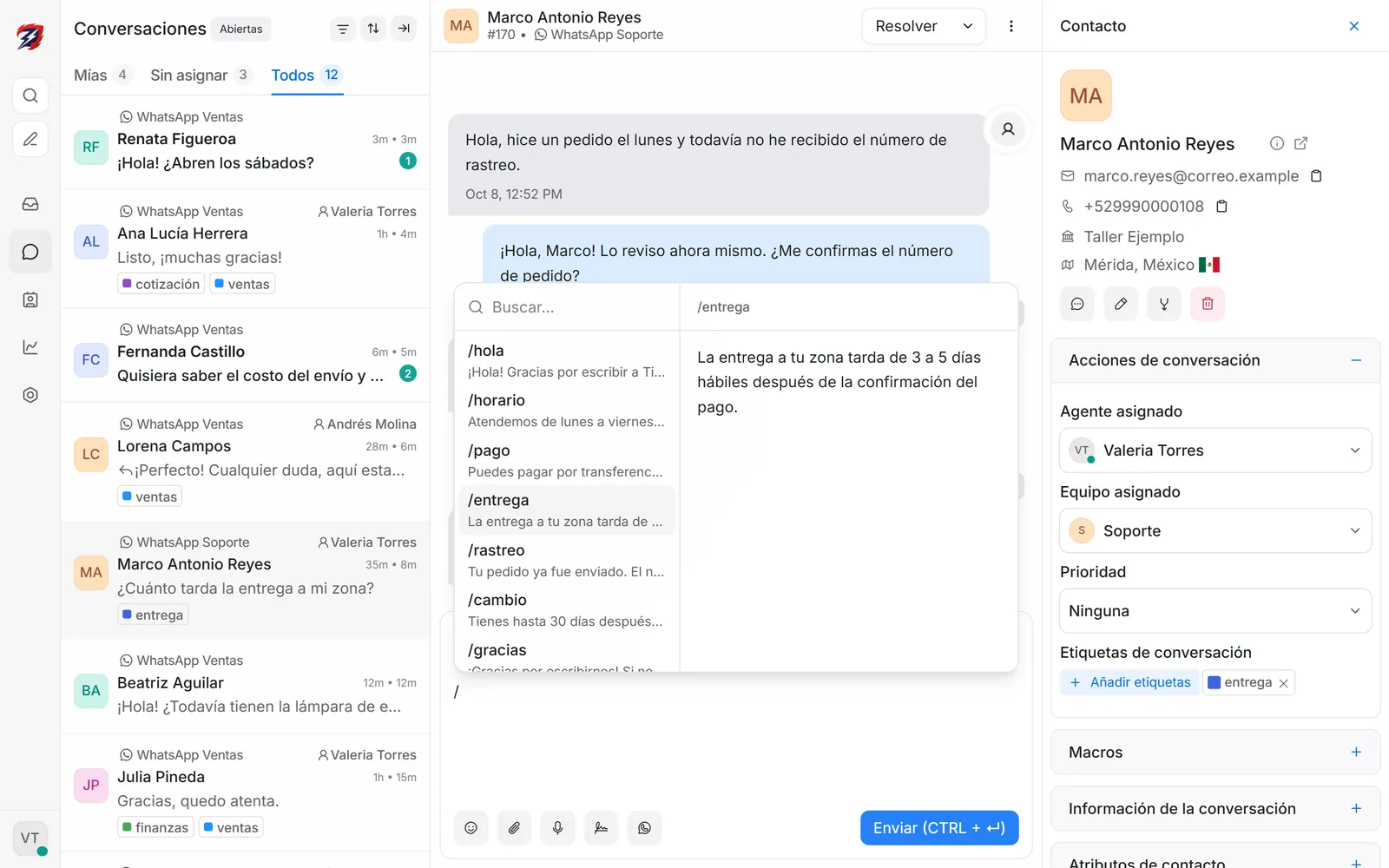 Respuesta rápida elegida con un atajo y etiquetas en una conversación