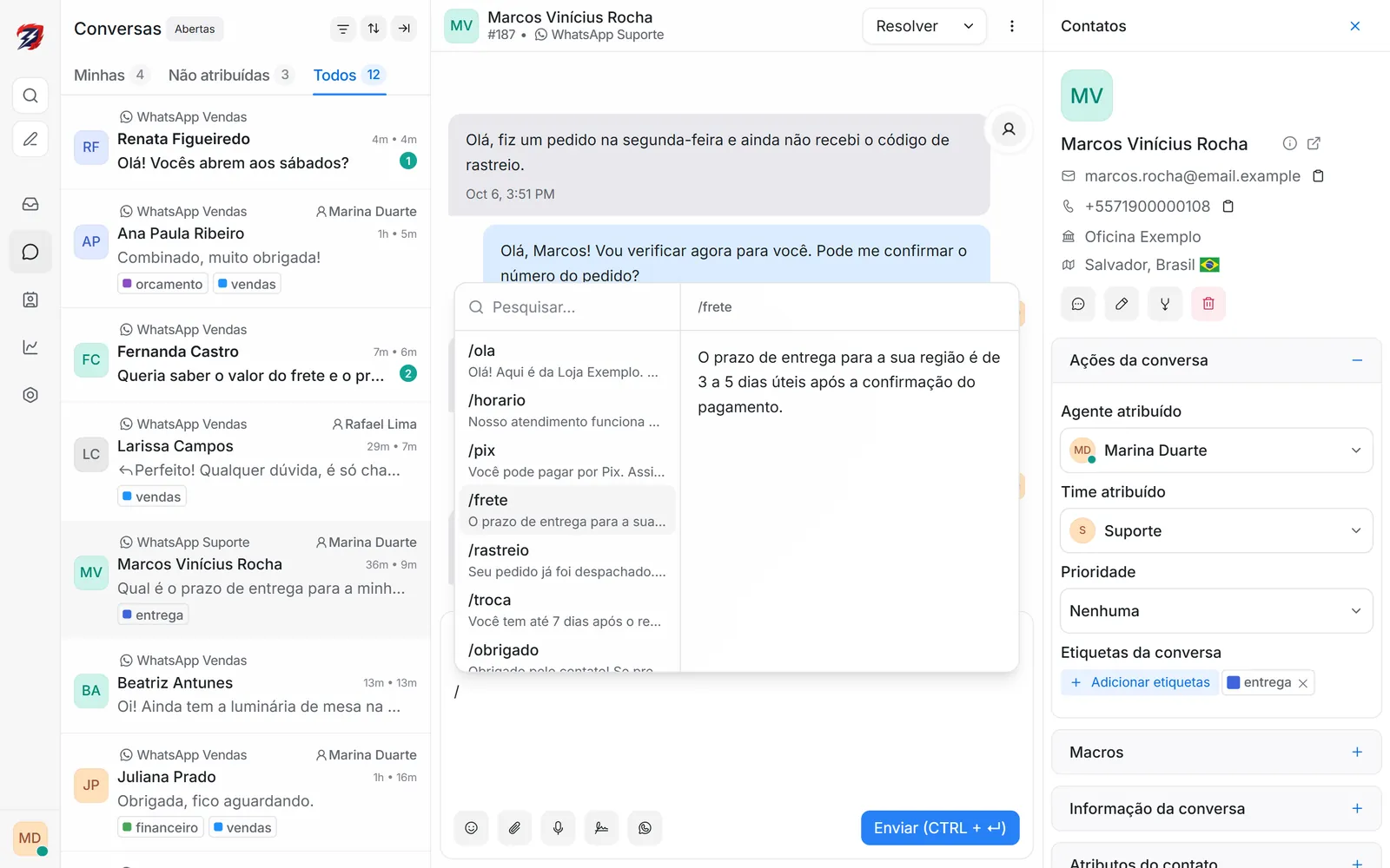 Canned response picked by shortcut, and labels on a conversation